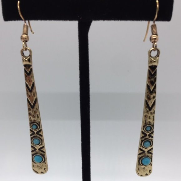 Gold Toned Hammered Metal Earrings w/Blue Stones - Picture 2 of 3